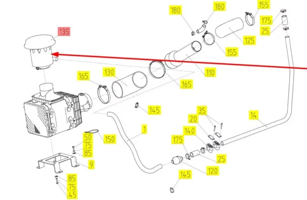 Filtr wstępny powietrza silnika o numerze katalogowym CPC014M127D001, stosowany w kombajnach zbożowych marki Rostselmash. schemat