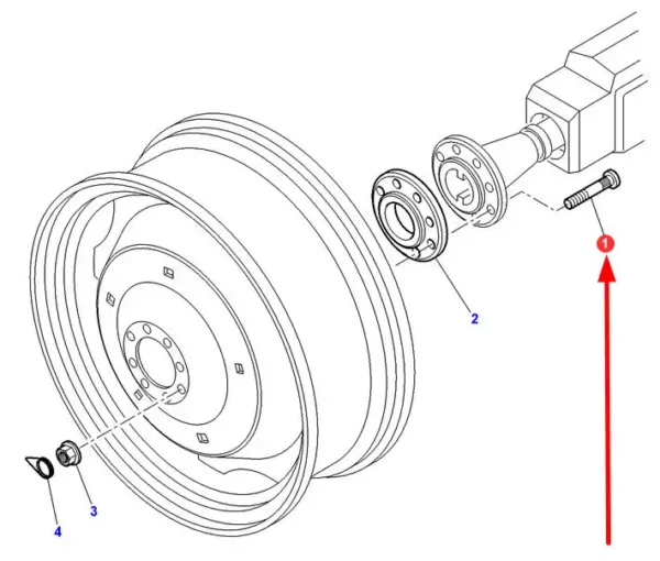 Oryginalna śruba koła o wymiarach M22 x 1.5 x 120 i numerze katalogowym 701150150011, stosowana w ciągnikach marki Massey Ferguson.-schemat
