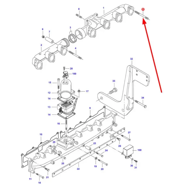 Oryginalna śruba dwustronna kolektora o wymiarach M10 x 113 mm i numerze katalogowym ACW4003680 , stosowana w ciągnikach rolniczych marek Challenger oraz Massey Ferguson.-schemat