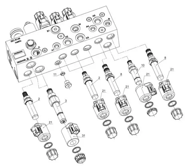 Oryginalny blok hydrauliczny o numerze katalogowym 103578468, stosowany w kombajnach zbożowych marki Rostselmash.-schemat