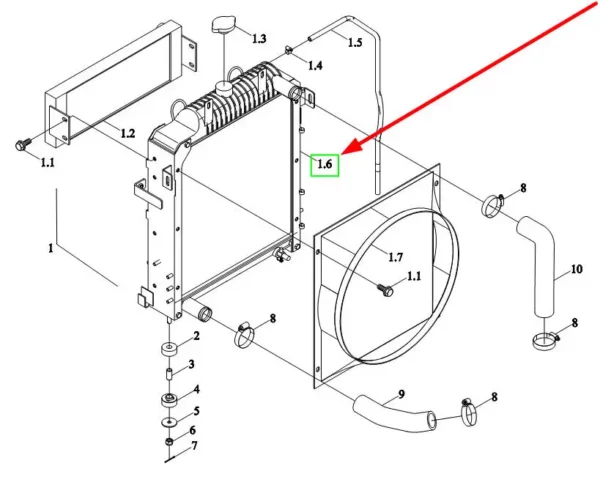 Oryginalna chłodnica wody o numerze katalogowym TB1S131010002K, stosowana w ciągnikach rolniczych marek Arbos oraz Lovol.-schemat