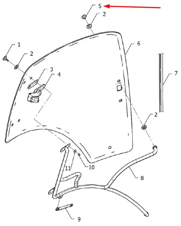 Oryginalna śruba imbusowa mocowania szyb, o wymiarach gwintu M8 x 1,25 x 14 i numerze katalogowym P5S52101136, stosowana w ciągnikach rolniczych marki Arbos schemat.