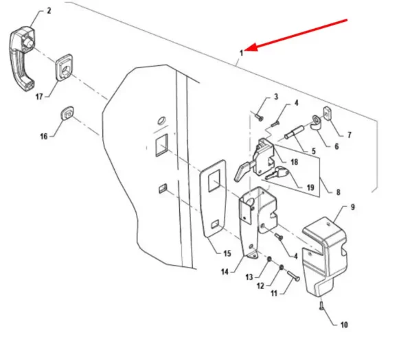 Oryginalna klamka drzwi bocznych lewa kompletna (zewnętrzna i wnewnętrzna) o numerze katalogowym P5S52201017, stosowana w ciągnikach rolniczych marki Arbos schemat.