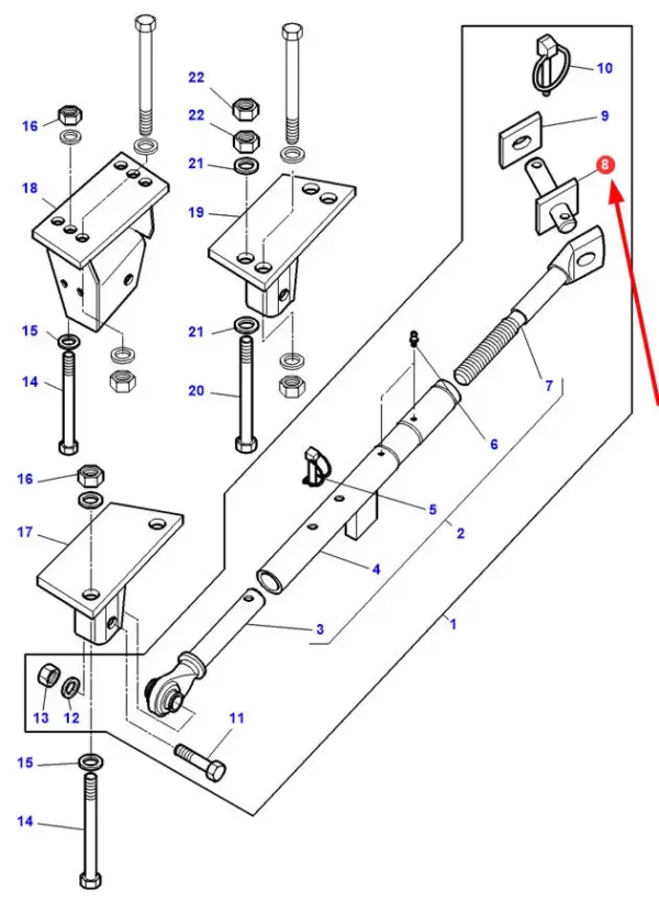 Oryginalny sworzeń metalowy, o numerze katalogowym 3818495M91, stosowany w ciągnikach rolniczych marki Massey Ferguson.-schemat