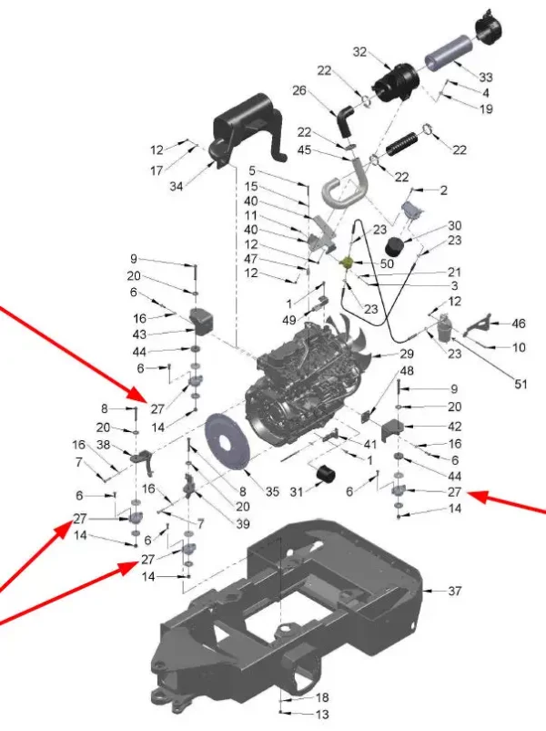 Oryginalna poduszka silnika w komplecie z podkładkami, o numerze katalogowym C037404, stosowana w ładowarkach marki MultiOne.-schemat