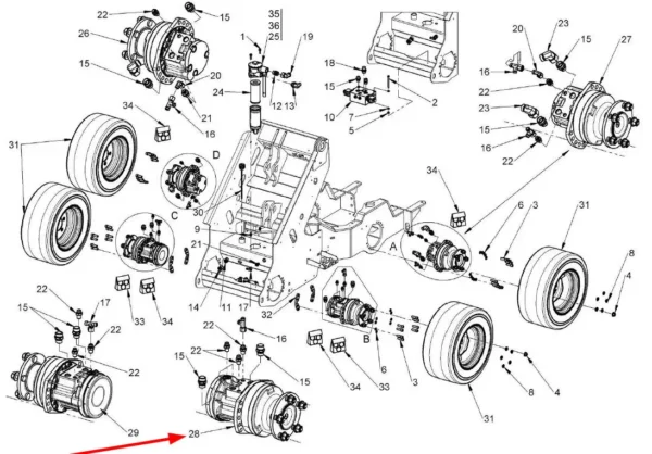 Oryginalny silnik hydrauliczny prawy MSE02-2 400cc z hamulcem, o numerze katalogowym C038692, stosowany w ładowarkach marki MultiOne.-schemat