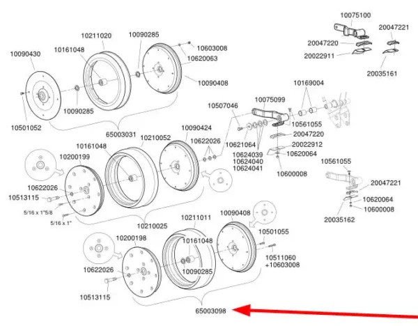 Boczne koło ugniatające, pochodzące z dekompletacji o numerze katalogowym MN65003098, stosowane w siewnikach marki Monosem schemat.