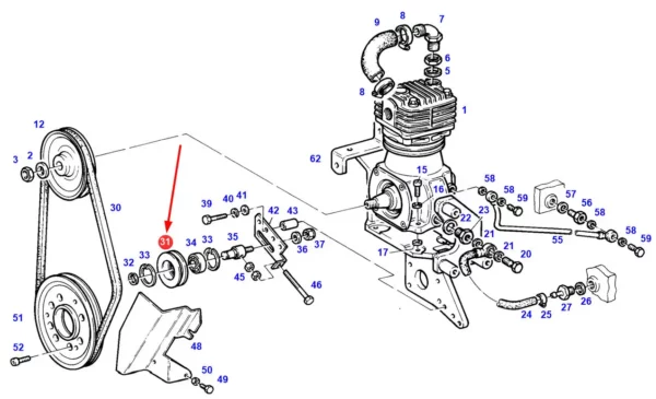 Oryginalne koło pasowe napinacza sprężarki powietrza o numerze katalogowym 199552020510, stosowane w ciągnikach rolniczych marki Fendt schemat.