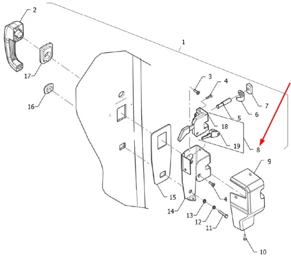 Oryginalny zamek wewnętrzny drzwi lewych, o numerze katalogowym P5S52201111, stosowany w ciągnikach rolniczych marki Arbos schemat.