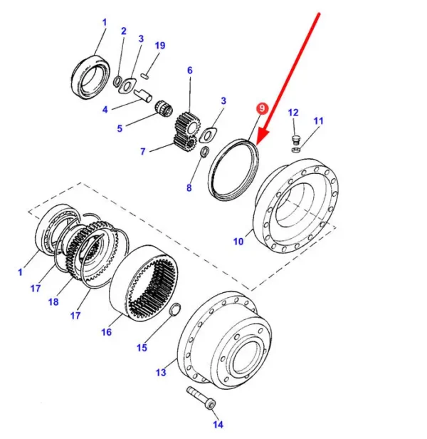 Pierścień simering o wymiarach 165 x 195 x 16,5/18 i numerze katalogowym 417127, stosowany w ciągnikach rolniczych marek Massey Ferguson oraz Challenger.-schemat