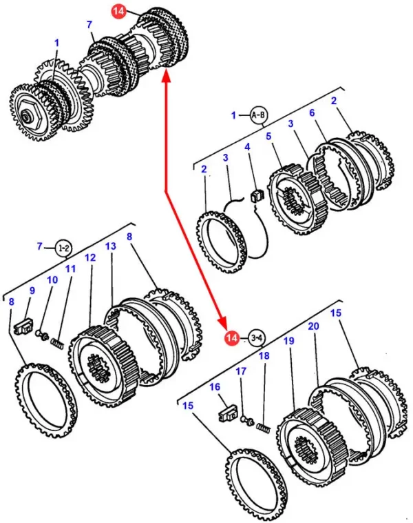 Oryginalny synchronizator 3/4 biegu, o numerze katalogowym 3386448M91, stosowany w ciągnikach rolniczych marek Massey Ferguson.-schemat