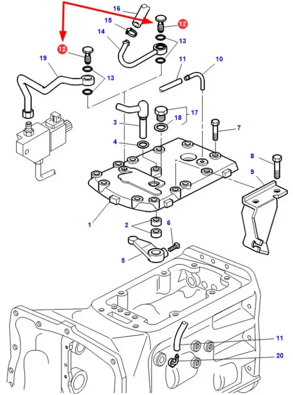 Oryginalna śruba przelewowa typu banjo bolt o numerze katalogowym 3814651M1, stosowana w ciągnikach rolniczych marki Massey Ferguson.-schemat