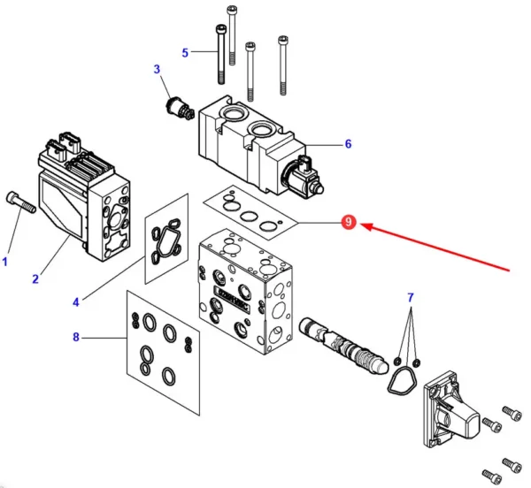 Oryginalny zestaw pierścieni oring zaworu podnoszącego o numerze katalogowym 3909330M91, stosowany w ciągnikach rolniczych marki Massey Ferguson schemat.