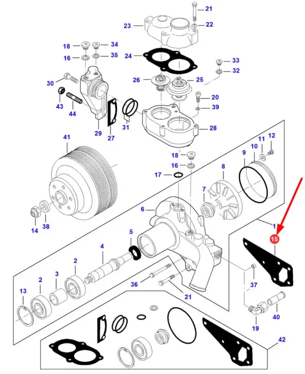 Oryginalna uszczelka pompy wody o numerze katalogowym ACW3526800, stosowana w ciągnikach rolniczych marek Massey Ferguson, Fendt oraz Valtra.-schemat