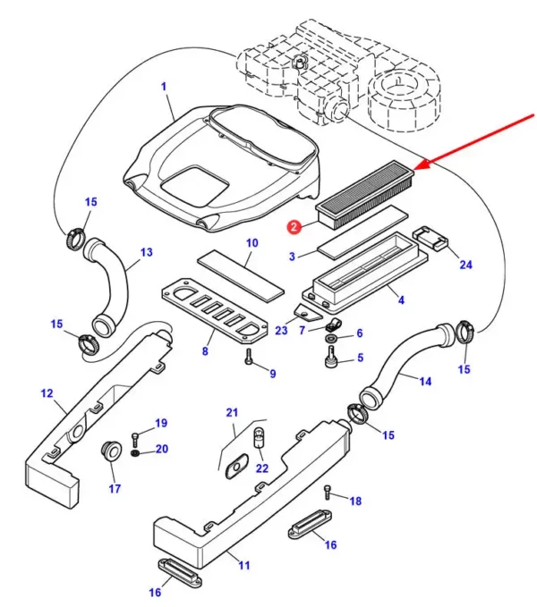 Oryginalny filtr kabiny panelowy, o numerze katalogowym SKL46268, stosowany w ciągnikach rolniczych marek Massey Ferguson, Landini i McCormick.-schemat