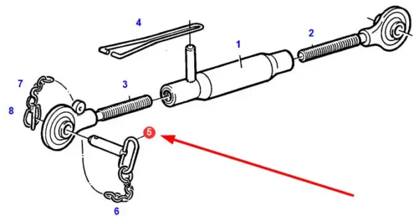 Oryginalny sworzeń przedniego łącznika górnego, pochodzący z dekompletacji o wymiarach 25 x 140 mm i numerze katalogowym 198870050010, stosowany w ciągnikach rolniczych marek Fendt oraz Massey Ferguson schemat.