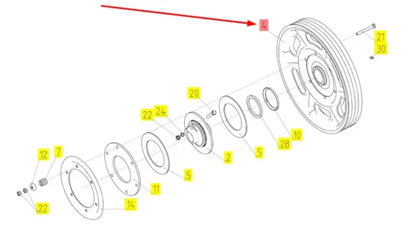 Oryginalne koło pasowe  pochodzące z dekompletacji z tuleją mosiężną o numerze katalogowym 100566578, stosowane w kombajnach zbożowych marki Rostselmash schemat.