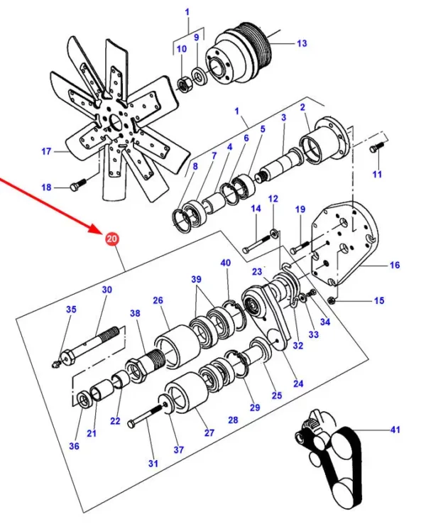 Napinacz paska wielorowkowego alternatora, o numerze katalogowym V836864296, stosowany w ciągnikach rolniczych oraz kombajnach zbożowych marek Massey Ferguson, Challenger i Fendt.-schemat