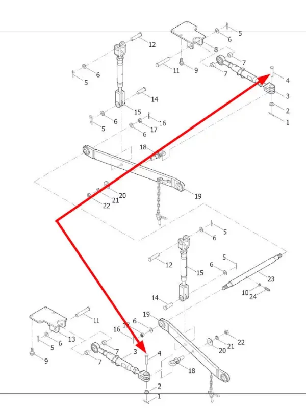 Oryginalny sworzeń mocujący wieszaka o numerze katalogowym GBT882-B18X55-A3L, stosowany w ciągnikach rolniczyck marek Arbos oraz Lovol.-schemat