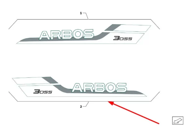 Oryginalna naklejka "ARBOS 3055" prawa, o numerze katalogowym TB1S511040002K, stosowana w ciągnikach rolniczych marki Arbos. Kolor, naklejki może się różnić od tego na zdjęciu, ponieważ pokryta jest folia ochronną.-schemat