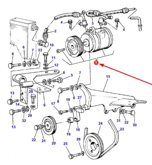 Sprężarka klimatyzacji, o numerze katalogowym KTT090157, stosowana w ciągnikach rolniczych marki Massey Ferguson.-schemat