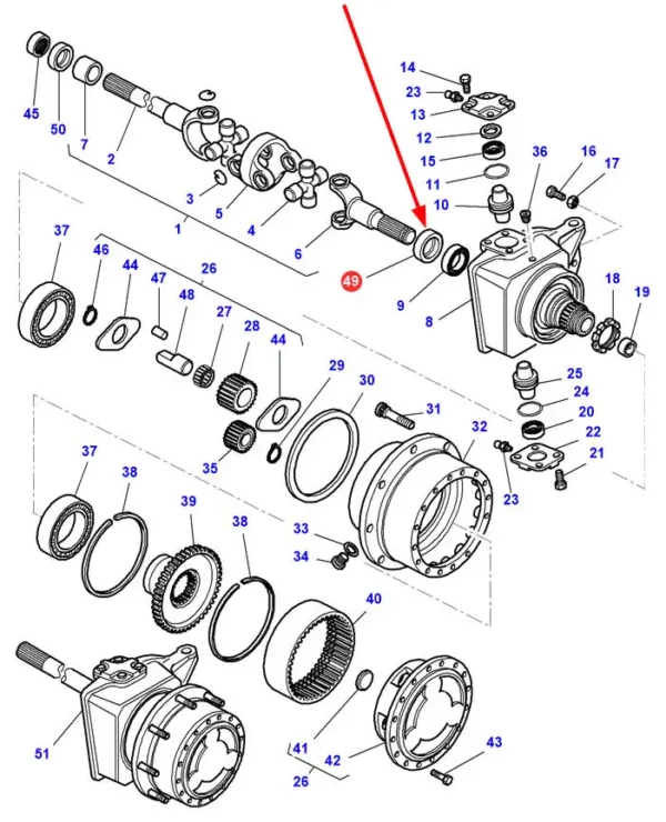 Pierścień simering o wymiarach 45 x 70 x 17 i numerze katalogowym AKN045070NB2, stosowany w ciągnikach rolniczych marki Massey Ferguson.-schemat