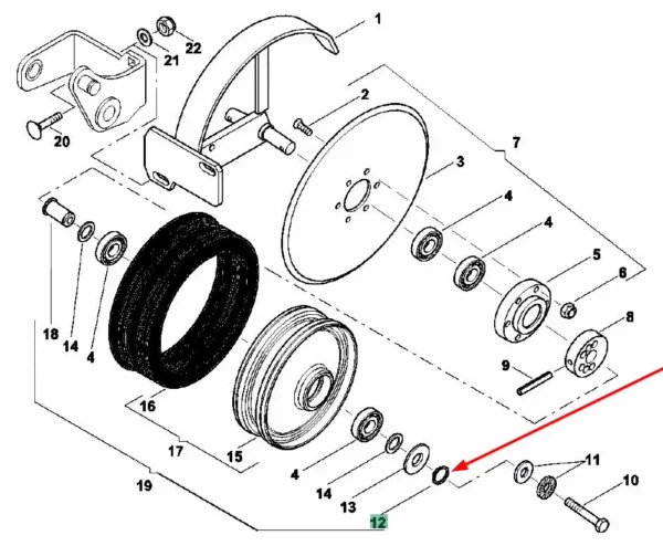 Oryginalny pierścień segera o wymiarach 20 x 1.2 mm i numerze katalogowym KG01107862, stosowany w maszynach rolniczych wielu marek schemat.