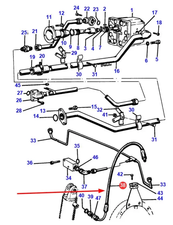 Oryginalny przewód hydrauliczny o numerze katalogowym 1425954M92, stosowany w ciągnikach rolniczych marki Massey Ferguson.-schemat