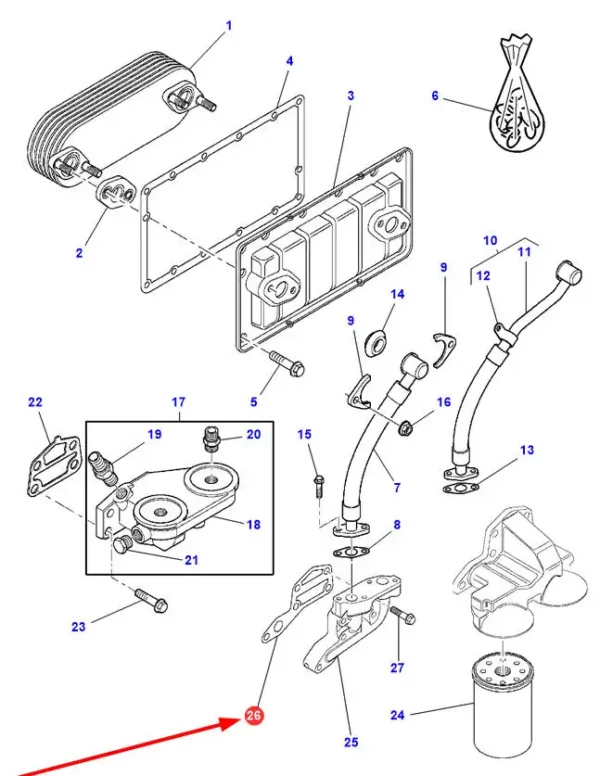 Oryginalna uszczelka filtra oleju, o numerze katalogowym 3641286M1, stosowana w ciągnikach rolniczych i kombajnach zbożowych marki Massey Ferguson.-schemat