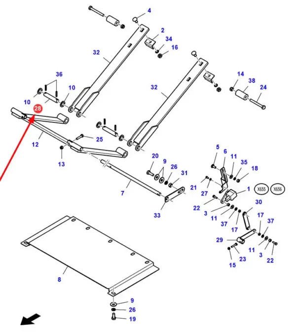 Oryginalny sworzeń hedera o wymiarach 18 x 90 mm i numerze katalogowym 7108367M1, stosowany w hederach marek Massey Ferguson, Fendt, Challenger i Laverda schemat.