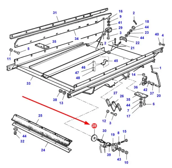 Oryginalna podkładka z tworzywa sztucznego o wymiarach 40 x 140 x 6 i numerze katalogowym LA321831750, stosowana w kombajnach zbożowych marek Massey Ferguson oraz Fendt.-schemat