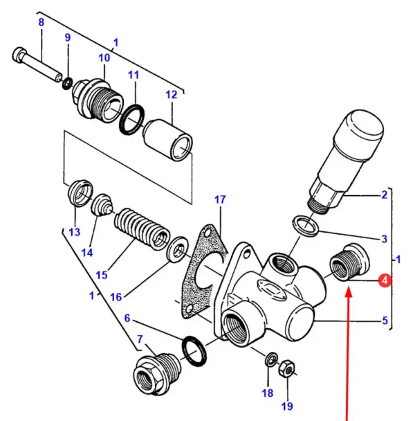 Oryginalna złączka pompy zasilającej, o numerze katalogowym V835340019, stosowana w ciągnikach i kombajnach zbożowych marki Massey Ferguson.-schemat