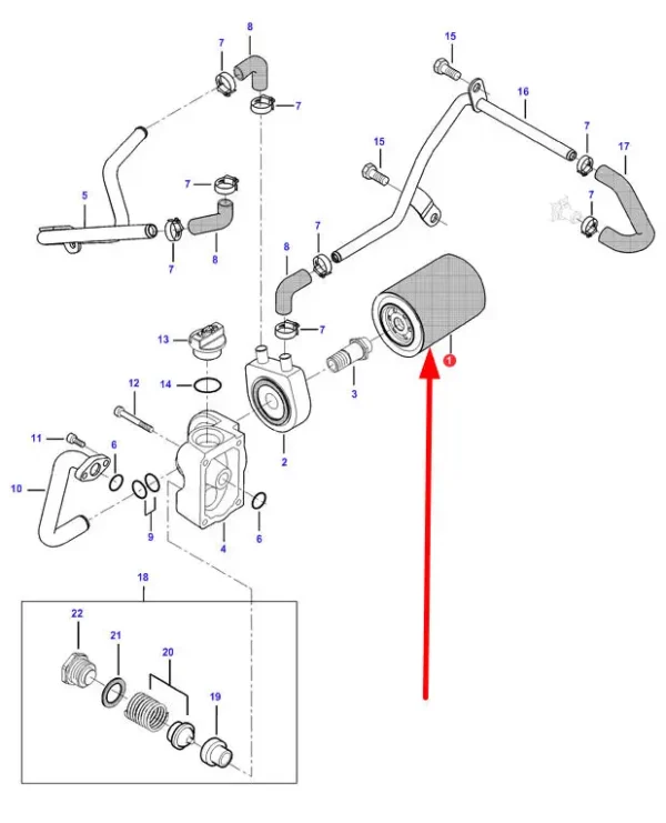 Oryginalny filtr oleju silnika, o numerze katalogowym V837086176, stosowany w ciągnikach rolniczych marek Massey Ferguson oraz Valtra.-schemat