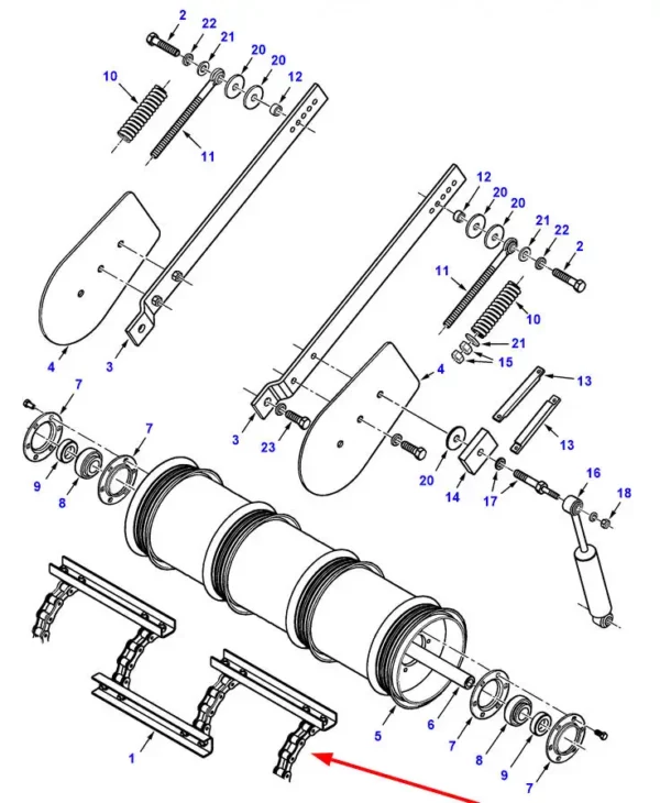 Łańcuch przenośnika, o numerze katalogowym 71449015, stosowany w kombajnach zbożowych marek Massey Ferguson i Challenger.-schemat
