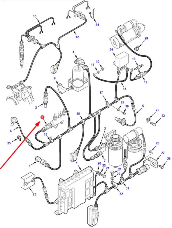 Czujnik ciśnienia paliwa, o numerze katalogowym 0281002937, stosowany w ciągnikach rolniczych marek Massey Ferguson oraz Challenger i kombajnach zbożowych marek Massey Ferguson, Fendt oraz Challenger.-schemat