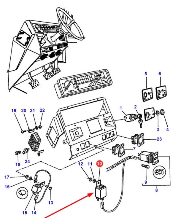 Oryginalny przekaźnik elektryczny, o numerze katalogowym 3387326M2, stosowane w ciągnikach rolniczych i kombajnach zbożowych marek Massey Ferguson oraz Case IH.-schemat