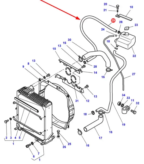 Oryginalny przewód gumowy układu chłodzenia silnika, o długości 350 mm i numerze katalogowym 3778002M1, stosowany w ciągnikach rolniczych marki Massey Ferguson.-schemat