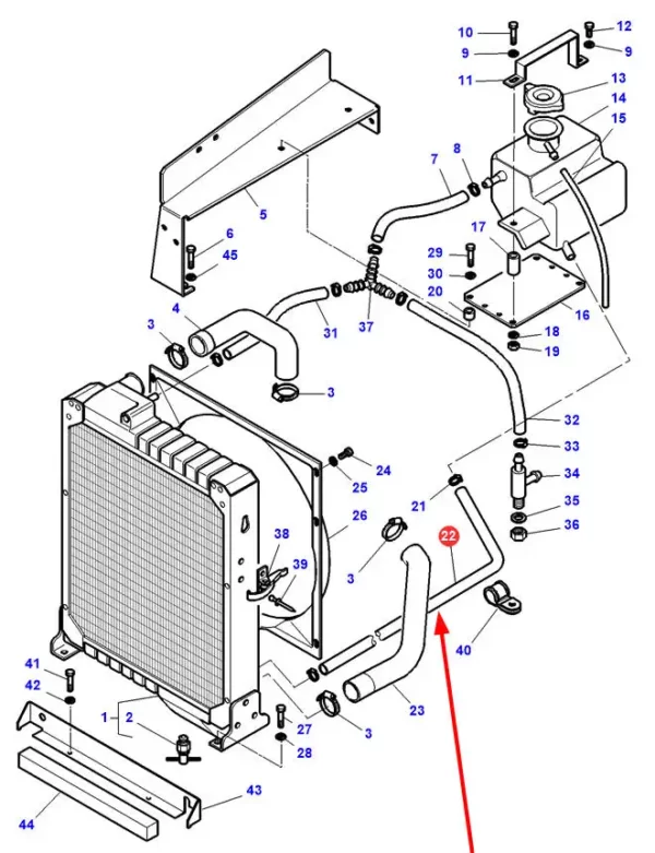 Oryginalny przewód gumowy układu chłodzenia silnika o długości 1200 mm i numerze katalogowym 3778872M1, stosowany w ciągnikach rolniczych marki Massey Ferguson.-schemat
