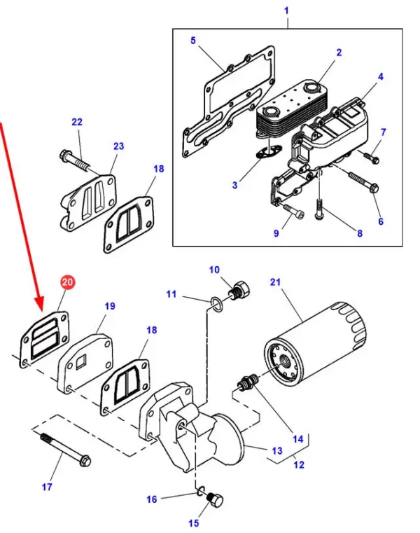 Oryginalna uszczelka glowicy filtra oleju, o numerze katalogowym 4224973M1, stosowana w ciągnikach rolniczych i ładowaczach marki Massey Ferguson.-schemat