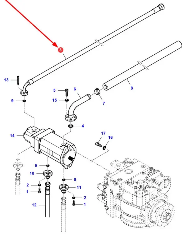Oryginalny przewód hydrauliczny, o długości 1260 mm i numerze katalogowym LA323396750, stosowany w kombajnach zbożowych marki Massey Ferguson.-schemat