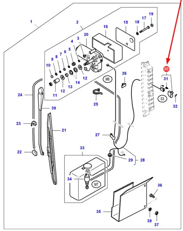 Oryginalny przełącznik tylnej wycieraczki szyby, o numerze katalogowym V30943900, stosowany w ciągnikach rolniczych marek Massey Ferguson oraz Valtra schemat.