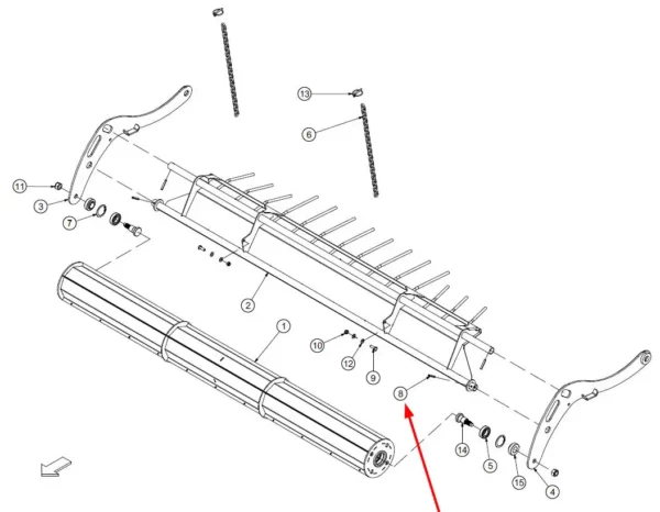 Oryginalny kołek sprężysty, o wymiarach 8 x 50 mm i numerze katalogowym CFA00010, stosowany w maszynach rolniczych marki Mchale.-schemat