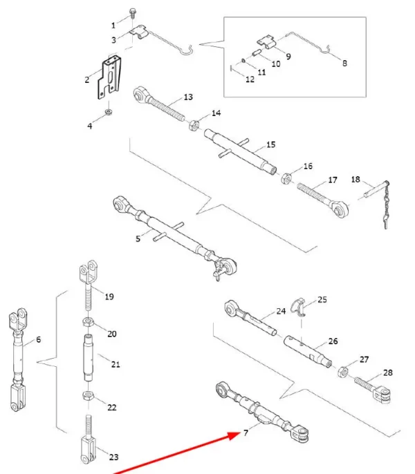 Oryginalny wieszak tylnego TUZ, o numerze katalogowym TL02561030016, stosowany w ciągnikach rolniczych marki Arbos schemat.