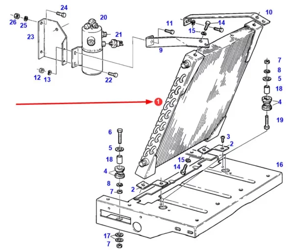 Chłodnica klimatyzacji, o numerze katalogowym 65206003, stosowana w ciągnikach rolniczych marki Fendt.-schemat