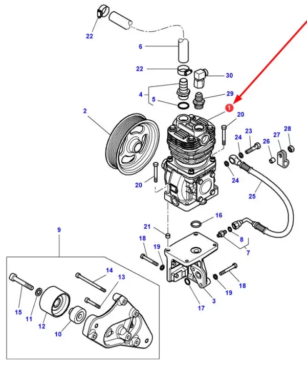 Oryginalna sprężarka powietrza, o numerze katalogowym ACW2874760, stosowana w ciągnikach rolniczych marek Massey Ferguson, Fendt oraz Valtra.-schemat