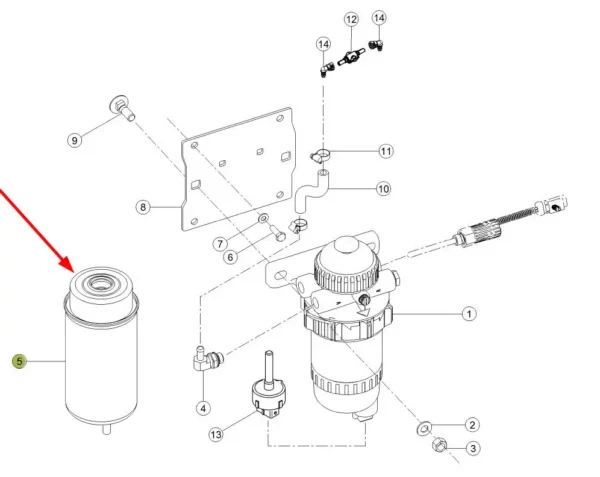 Oryginalny filtr paliwa z separatorem wody, o numerze katalogowym 0021526170, stosowany w ciągnikach rolniczych marki Claas.-schemat