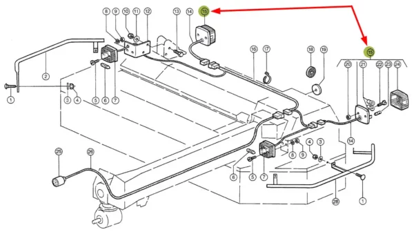 Oryginalna lampa tylna kierunkowskazu i hamulca prawa/lewa, o numerze katalogowym 968998.0, stosowana w maszynach rolniczych marki Claas.-schemat