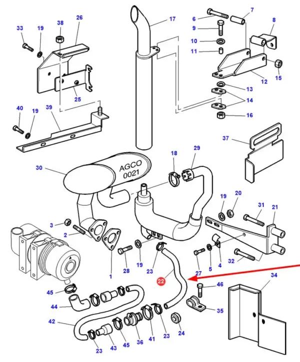 Oryginalny przewód rury wydechowej, o numerze katalogowym 3783623M2, stosowany w ciągnikach rolniczych marki Massey Ferguson.-schemat