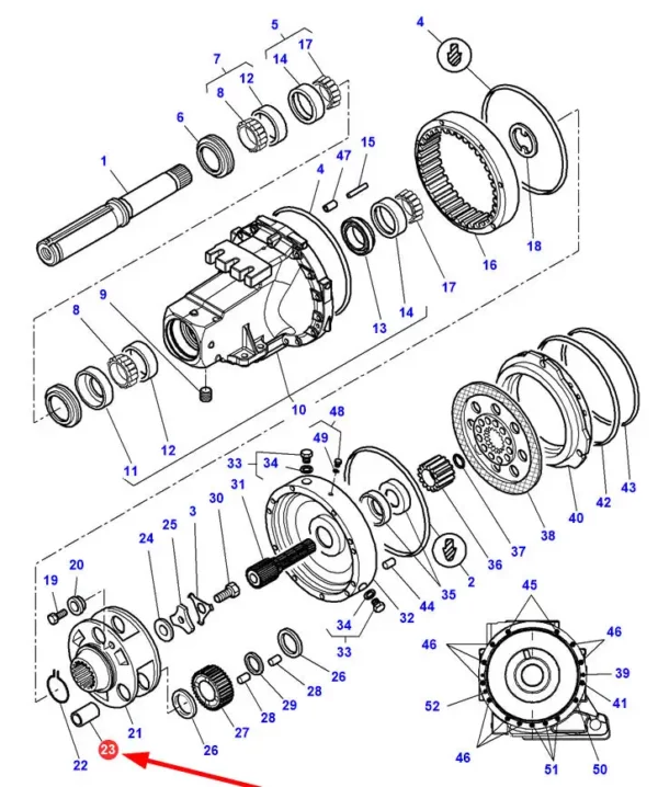 Oryginalny sworzeń, o wymiarach 63 x 124 mm i numerze katalogowym 4302707M2, stosowany w ciągnikach rolniczych marki Massey Ferguson.-schemat