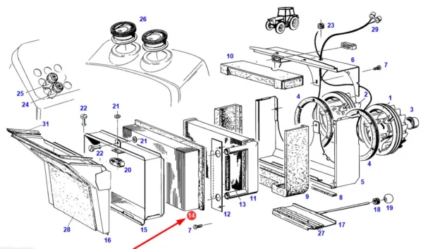 Oryginalny filtr kabiny panelowy, o numerze katalogowym C30154, stosowany w maszynach rolniczych wielu marek.-schemat